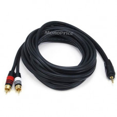 Monoprice 10ft Premium 3.5mm Stereo Male to 2RCA Male 22AWG Cable (Gold Plated) - Black - 10 ft Coaxial Audio Cable for Headphone, Audio Amplifier, A/V Receiver, Cellular Phone, Audio Device - First End: 1 x Mini-phone Male Stereo Audio - Second End: 2 x 