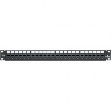 Leviton Cat 5e Flat QuickPort Patch Panel, 24-Port, 1RU. Cable Management Bar Included - 24 Port(s) - 24 x RJ-45 - 1U High - Black - Rack-mountable 5G270-011-U24