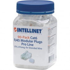 Intellinet Network Solutions Cat6 RJ45 Modular Plugs, 2-Prong, UTP, For Stranded Wire, 90 Plugs and Liners in Jar - 50 Micron Gold Plated Contacts 790611