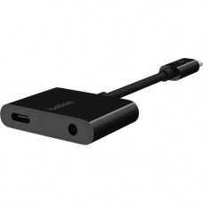 Belkin RockStar 3.5mm Audio + USB-C Charge Adapter - Mini-phone/USB Audio Cable for Audio Device, Smartphone, Charger - First End: 1 x Type C Male USB - Second End: 1 x Type C Female USB, Second End: 1 x Mini-phone Female Audio - Black F7U080BTBLK