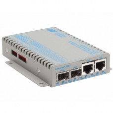 Omnitron Systems iConverter Dual-Channel 10/100/1000 Gigabit Ethernet Fiber Media Converter Switch SFP - 2 x 10/100/1000BASE-T; 2 x 100/1000BASE-X (SFP); Wall-Mount Standalone; DC Powered; Lifetime Warranty - RoHS, WEEE Compliance 8484-4-F