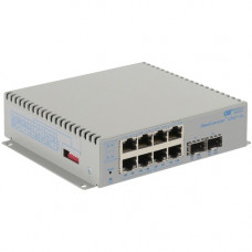 Omnitron Systems OmniConverter Unmanaged Gigabit PoE+, 2xSFP, RJ-45, Ethernet Fiber Switch - 8 x 10/100/1000BASE-T, 2 x 1000BASE-X, DC Power, 5 Year Warranty 9459-0-28-9W