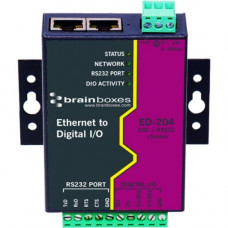 Brainboxes Ethernet to Digital IO + RS232 + Switch - 4 x Digital IO lines - 2 x Network (RJ-45) - 1 x Serial Port - RoHS, WEEE Compliance ED-204