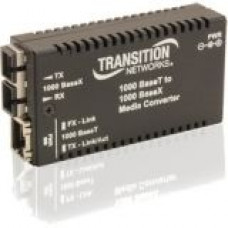 TRANSITION NETWORKS Mini Gigabit Ethernet Media Converter - 1 x Network (RJ-45) - 1 x SC Ports - 10/100/1000Base-T, 1000Base-LX - Desktop, Wall Mountable, Rack-mountable - RoHS, TAA, WEEE Compliance M/GE-T-LX-01-NA