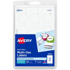 Avery &reg; Removable Multiuse Labels, Removable Adhesive, 1" Diameter, 600 Labels (5410) - 1" Diameter - Removable Adhesive - Round - Laser, Inkjet - White - Paper - 12 / Sheet - 50 Total Sheets - 600 Total Label(s) - TAA Compliance 05410