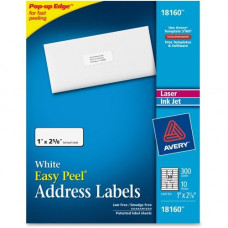 Avery &reg; Easy Peel(R) Address Labels, Sure Feed(TM) Technology, Permanent Adhesive, 1" x 2-5/8", 300 Labels (18160) - 1" Width x 2 5/8" Length - Inkjet, Laser - White - 300 / Pack - TAA Compliance 18160