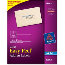 Avery &reg; Matte Clear Address Labels, Sure Feed(TM) Technology, Inkjet, 1-1/3" x 4", 140 Labels (18662) - Permanent Adhesive - 1 21/64" Width x 4" Length - Rectangle - Inkjet - Clear - 14 / Sheet - 140 / Pack - TAA Compliance 186