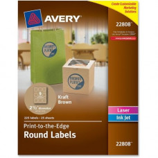 Avery &reg; Kraft Brown Print-to-the-Edge Round Labels - Permanent Adhesive - 2 1/2" Diameter - Circle - Laser, Inkjet - Kraft - Paper - 9 / Sheet - 180 / Pack - TAA Compliance 22808