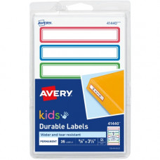 Avery &reg; Durable Labels for Kids&#39;&#39; Gear, Permanent Adhesive, Handwrite Only, Assorted, 3-1/2" x 5/8" , 35 Labels (41440) - Permanent Adhesive - 3.50" Height x 0.63" Width - Rectangle - Blue, Green, Red - Film - 7