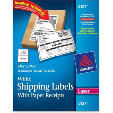 Avery &reg; Shipping Labels w/ Paper Receipts, TrueBlock(R) Technology, Permanent Adhesive, 5-1/16" x 7-5/8", 50 Labels (5127) - Permanent Adhesive - 5 1/16" Width x 7 5/8" Length - Rectangle - Laser - White - 1 / Sheet - 50 / Pack