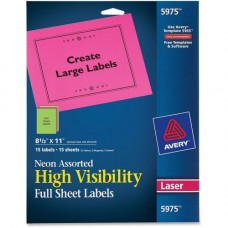 Avery &reg; Neon Laser Labels, Rectangle, Assorted Fluorescent Colors, 8-1/2 x 11, 15/Pack (5975) - Permanent Adhesive - 8 1/2" Width x 11" Length - Rectangle - Laser - Neon Yellow, Neon Green - 1 / Sheet - 15 / Pack - TAA Compliance 5975