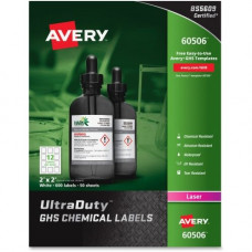 Avery &reg; UltraDuty GHS Chemical Labels - Laser - Permanent Adhesive - 2" Width x 2" Length - Square - Laser - White - Polyester Film - 12 / Sheet - 600 / Box - TAA Compliance 60506