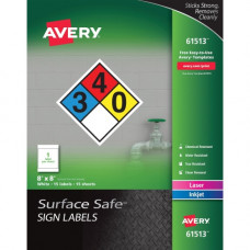 Avery &reg; Surface Safe(R) Sign Labels, 8" x 8", Removable Adhesive, Water & Chemical Resistant, 15 Labels (61513) - Removable Adhesive - 8" Height x 8" Width - Square - Inkjet, Laser - White - Polyester - 1 / Sheet - 15 Total