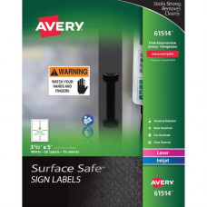 Avery &reg; Surface Safe(R) Sign Labels, 3-1/2" x 5", Removable Adhesive, Water & Chemical Resistant, 60 Labels (61514) - Removable Adhesive - 3 1/2" Height x 5" Width - Rectangle - Inkjet, Laser - White - Polyester - 4 / Sheet