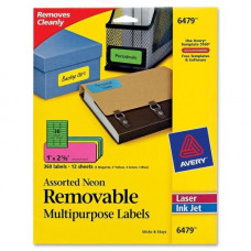 Avery &reg; Multipurpose Labels, Removable, Assorted Neon, 1 x 2.625 Inches, Pack of 360 (6479) - Removable Adhesive - 1" Width x 2 5/8" Length - Rectangle - Laser, Inkjet - Assorted - Paper - 30 / Sheet - 360 / Pack - FSC, TAA Compliance 64