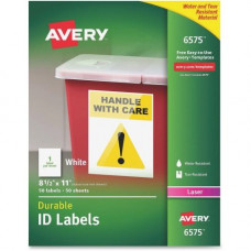 Avery &reg; Durable ID Labels, Permanent Adhesive, 8-1/2" x 11", Matte White, 50 Labels (6575) - Permanent Adhesive - 8 1/2" Width x 11" Length - Rectangle - Laser - White - Polyester - 1 / Sheet - 50 / Pack - TAA Compliance 6575