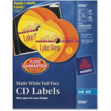 Avery &reg; CD Labels, Print to the Edge, Permanent Adhesive, Matte, 40 Disc Labels and 80 Spine Labels (8960) - - LengthCircle - Inkjet - White - 40 / Pack - TAA Compliance 8960