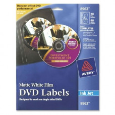 Avery &reg; Film DVD Labels, Permanent Adhesive, Matte, 20 Disc Labels and 40 Spine Labels (8962) - - LengthCircle - Inkjet - White - 2 / Sheet - 20 / Pack - TAA Compliance 8962