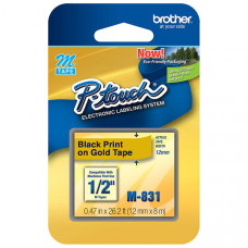 Brother 12mm (1/2") Black on Gold Non-Laminated Tape (8m/26.2') (1/Pkg) - TAA Compliance M-831