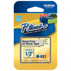 Brother 12mm (1/2") Black on Silver Non-Laminated Tape (8m/26.2') (1/Pkg) - TAA Compliance M-931