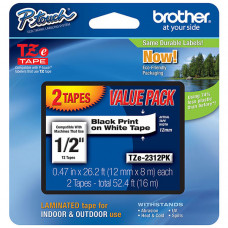 Brother 12mm (1/2") Black on White Laminated Tape (2 Pack of TZ231) (8m/26.2') - TAA Compliance TZE2312PK