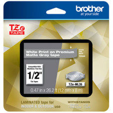 Brother P-Touch GL-100 PT-1000 1010 1090 1100 1190 1200 1230PC 1280 128AF 1290 1400 1500PC 1700 White Print on Premium Matte Gray Laminated Tape (12mm (0.47") Wide x 8m (26.2') Long) - TAA Compliance TZEML35