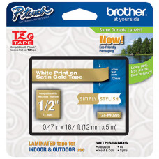 Brother 12mm (1/2") Simply Stylish White on Satin Gold Laminated Tape (5m/16.4') (1/Pkg) - TAA Compliance TZEMQ835