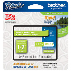 Brother 12mm (1/2") Simply Stylish White on Lime Green Laminated Tape (5m/16.4') (1/Pkg) - TAA Compliance TZEMQG35