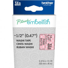 Brother P-touch Embellish Black on Pink Dots Washi Tape 12mm (~1/2") x 4m - 15/32" Width x 13 1/8 ft Length - Rectangle - Black on Pink TZEMT3121