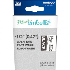 Brother P-touch Embellish White on Black Washi Tape 12mm (~1/2") x 4m - 15/32" Width x 13 1/8 ft Length - Rectangle - White on Black TZEMT3501