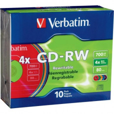 Verbatim CD-RW 700MB 2X-4X DataLifePlus with Color Branded Surface and Matching Case - 10pk Slim Case, Assorted - 120mm - 1.33 Hour Maximum Recording Time - TAA Compliance 94325