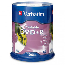 Verbatim DVD+R (4.7 GB) (16X) Inkjet Printable, White, Hub Logo (100 Ea/Pkg) - TAA Compliance 95145
