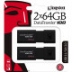 Kingston DataTraveler 100 G3 USB Flash Drive - 64 GB - USB 3.0 - 100 MB/s Read Speed - Black - 5 Year Warranty - 2 Pack DT100G3-64GB-2P